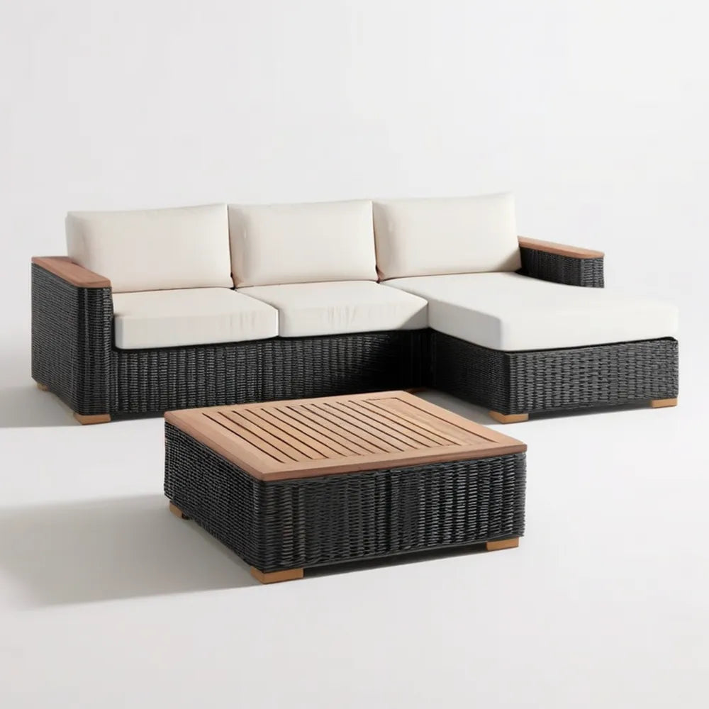 Ogrodowy zestaw narożny z technorattanu 220 x 150 x 65 cm ze stolikiem, czarno-beżowy