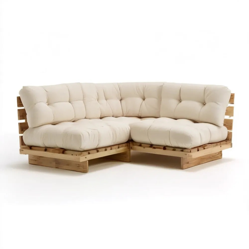 Narożna sofa z palet z litego drewna sosnowego z kremowymi poduszkami 200 x 140 x 70 cm