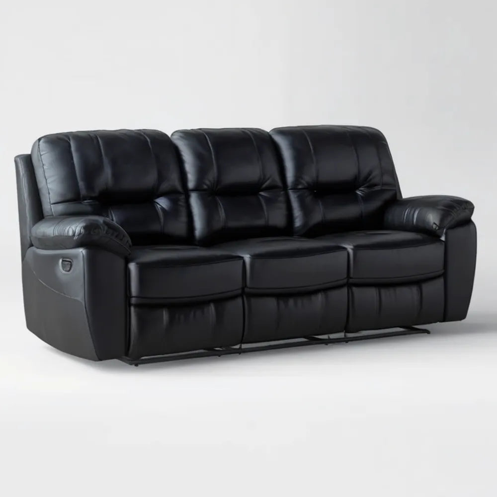 Czarna sofa 3-osobowa z manualną funkcją relaksu, skóra syntetyczna PU, 210 x 95 x 102 cm