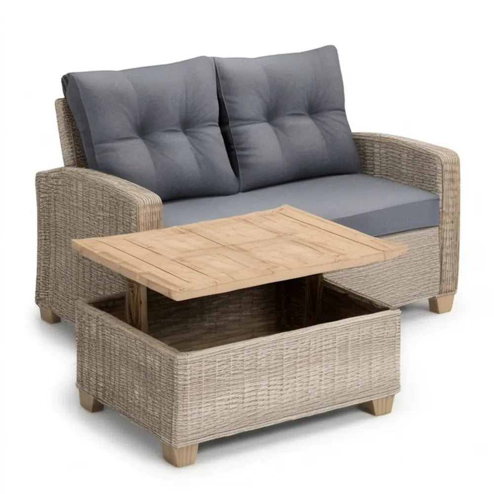 Dwuosobowa sofa ogrodowa z technorattanu ze stolikiem schowkowym i podnoszonym blatem, beżowa, 124 × 74 × 76 cm