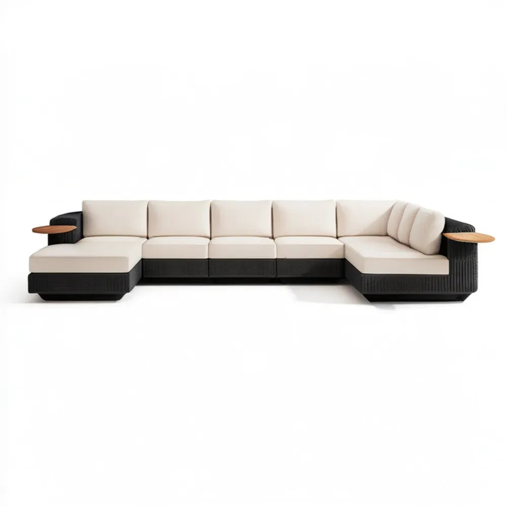 Modułowy narożnik ogrodowy w kształcie U z technorattanu PE, beżowo-czarny, 420 × 180 × 70 cm