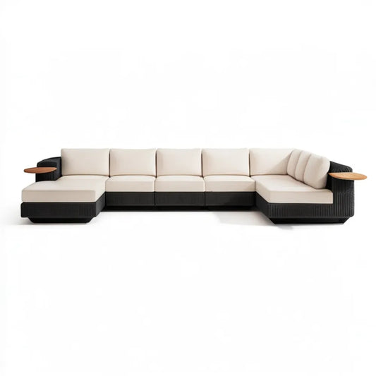 Modułowy narożnik ogrodowy w kształcie U z technorattanu PE, beżowo-czarny, 420 × 180 × 70 cm