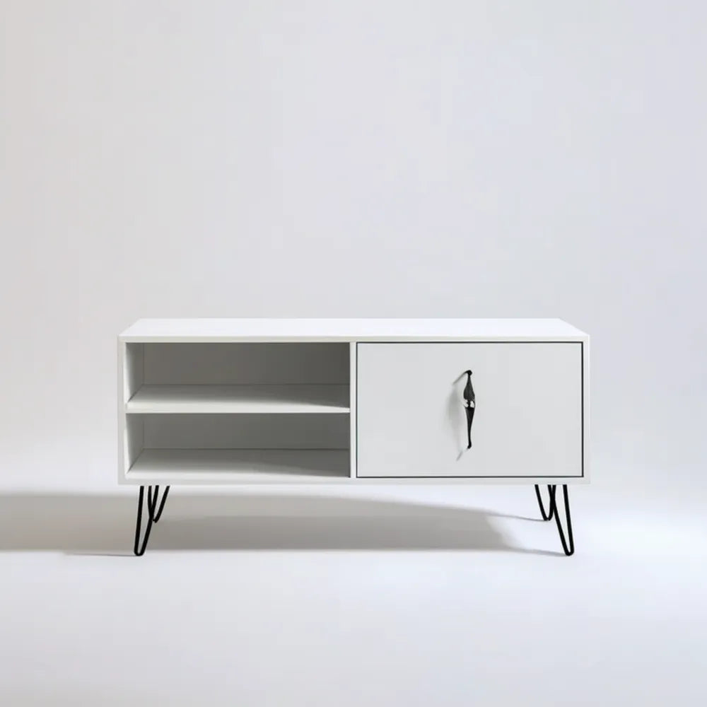 Biały stolik kawowy MDF z szafką i 2 półkami, 100 x 40 x 45 cm