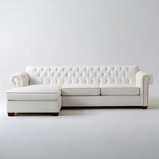 Lewostronna sofa narożna Chesterfield z szezlongiem, biała, 260 x 160 x 75 cm
