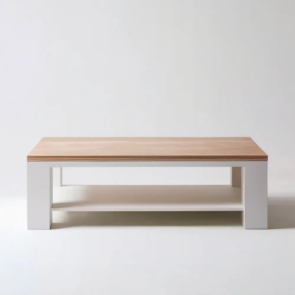 Prostokątny stolik kawowy z półką MDF i fornirem dębowym, biały/naturalny dąb, 120 x 60 x 45 cm