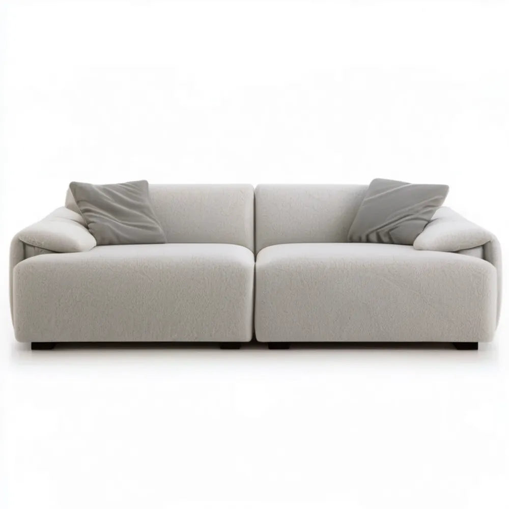 Kremowa sofa dwuosobowa boucle z szarymi poduszkami 220 x 100 x 75 cm