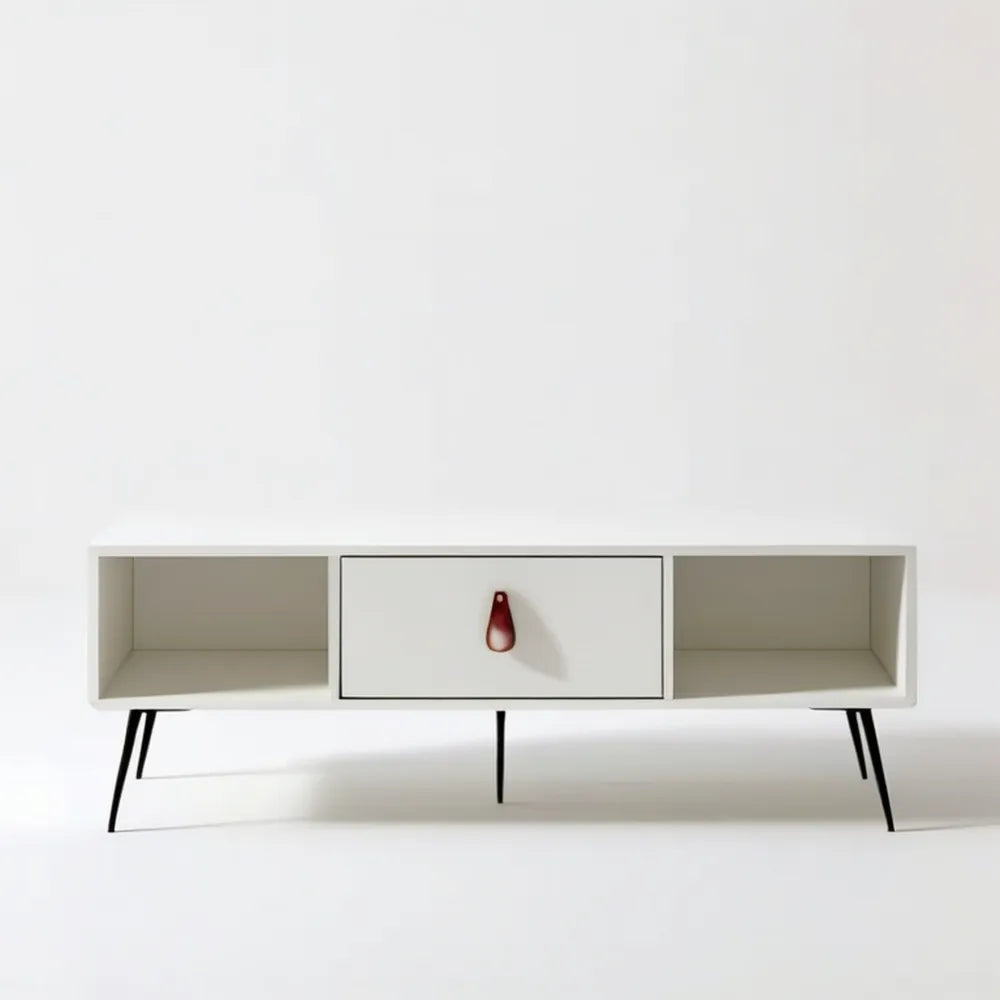 Biała szafka RTV z płyty MDF z czarnymi stalowymi nogami, 140 x 40 x 55 cm