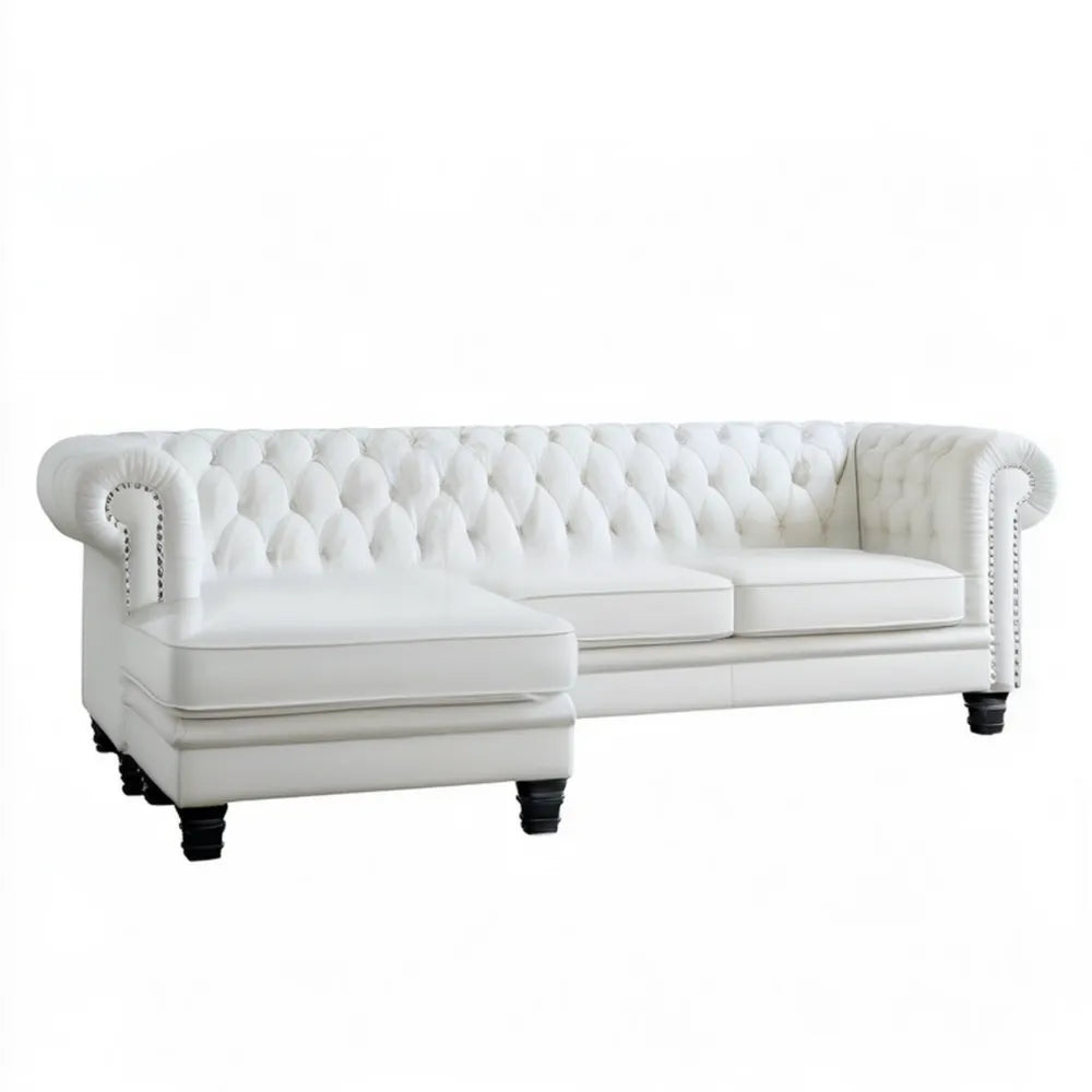 Lewostronna sofa narożna Chesterfield z szezlongiem, biała, 280 x 170 x 78 cm