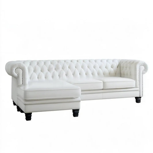 Lewostronna sofa narożna Chesterfield z szezlongiem, biała, 280 x 170 x 78 cm