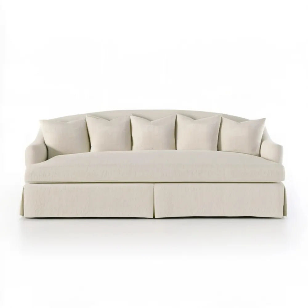 Kremowa sofa trzyosobowa z tapicerką poliestrową, 230 x 100 x 85 cm, 5 poduszek oparciowych