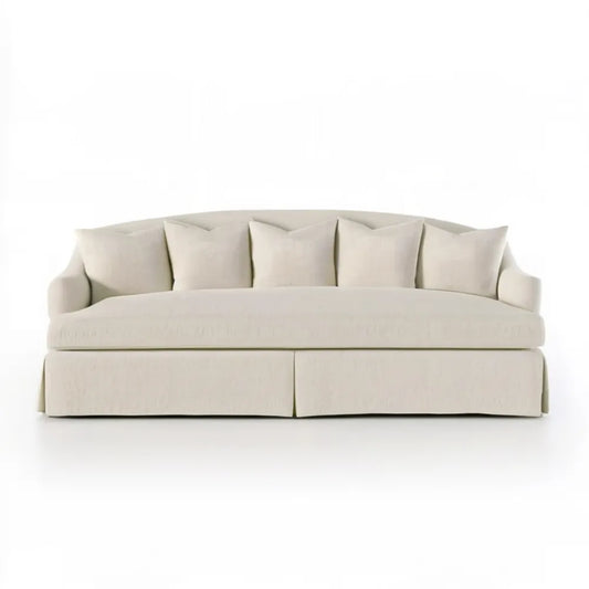 Kremowa sofa trzyosobowa z tapicerką poliestrową, 230 x 100 x 85 cm, 5 poduszek oparciowych