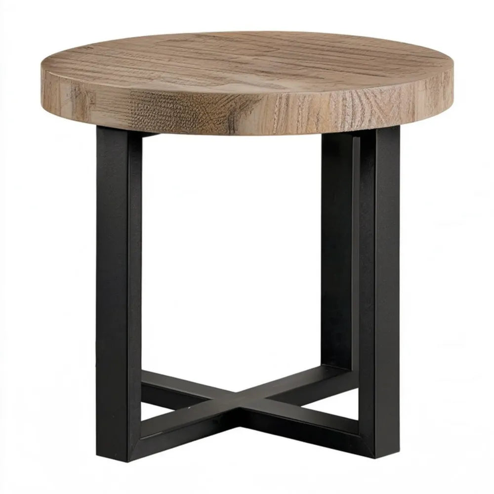Okrągły stolik boczny z blatem MDF w okleinie dębowej, czarną stalową podstawą, Ø 50 cm, wys. 55 cm