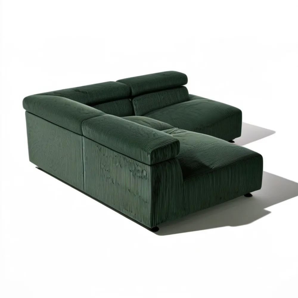 Ciemnozielona sofa narożna w kształcie L z szezlongiem, sztruksowa, 250 x 165 x 85 cm