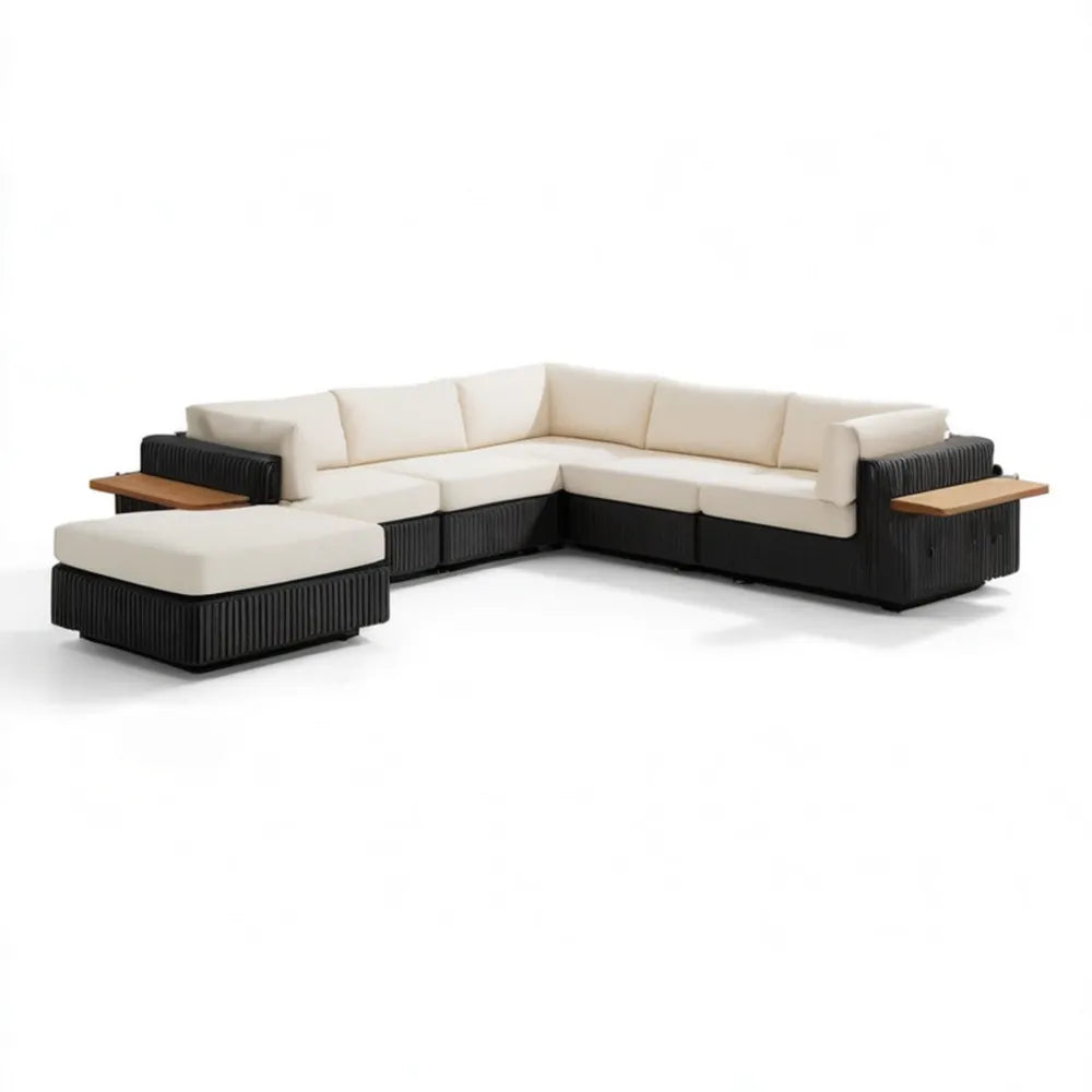 Ogrodowa sofa narożna z pufą i półkami, kremowo-czarno-brązowa, 290 × 220 × 75 cm