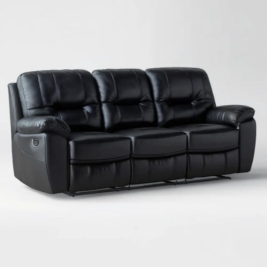 Czarna sofa 3-osobowa z manualną funkcją relaksu, skóra syntetyczna PU, 210 x 95 x 102 cm