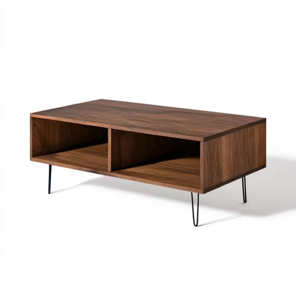 Prostokątny stolik kawowy MDF w okleinie orzechowej z czarnymi nogami 120 x 60 x 40 cm